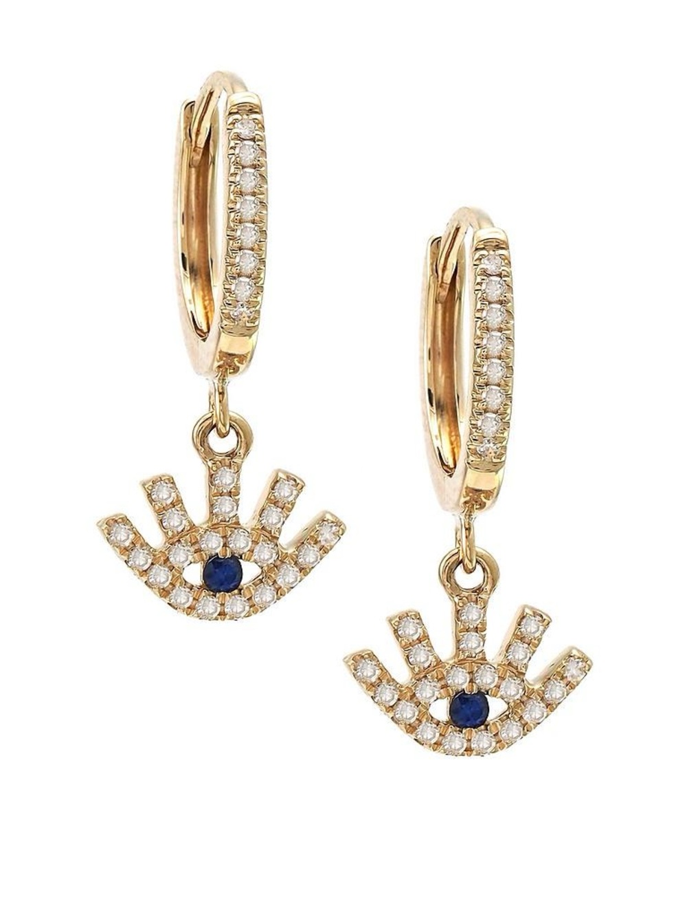 14K Real Solid Yellow Gold Natural Sapphire & Diamond Eye Earrings 8.5x18mm